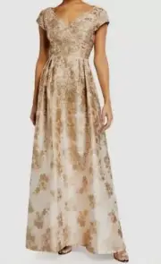 $550 Aidan Mattox Woman Gold V-Neck Metallic Jacquard Gown Dress Size 2