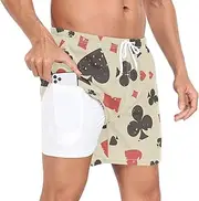 [GuoChe] Mens Swimwear Trunks Men's Lined Running Shorts Casino Poker Retro Black Red with Compression Liner and Pockets