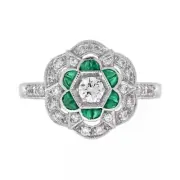 Art Deco Style Lab Created Diamond Emerald Floral Wedding 14k White Gold FN Ring