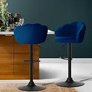 Artiss Velvet Bar Stools Set of 2 - Adjustable Swivel Counter Stools with Gas Lift, 360° Rotation & Floor Protectors (Blue Clam Shell Design)