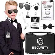 Mepase 7 Pcs Ring Wedding Security Set Include 1 Ring Bearer Box 1 ID Badge Holder 1 Ring Bearer Sunglass 1 Acoustic Earpiece Tube 1 Mission Card with Binder Clip 1 Bow Tie for Kids Agent Cosplay