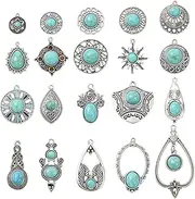 [DanLingJewelry] 20Pcs Antique Silver Western Charms Tibetan Retro Oval Round Teardrop Shape Turquoise Charms Pendants for Jewelry Making DIY, Non-Precious Metal, No Gemstone