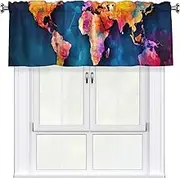 LHBWCVN Abstract World Map Valances for Windows, Rod Pocket Window Treatment Drapes Farmhouse Kitchen Curtains Short Blackout Window Curtains for Living Room Bedroom Decor 54x18 Inch