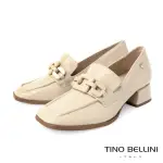 【TINO BELLINI 貝里尼】巴西進口方形飾扣漆皮低跟樂福鞋FYLT038(米白)