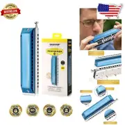 Professional Blue 16 Hole Chromatic Harmonica with Leather Case and Accessories