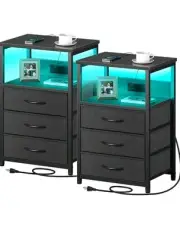Black Nightstand LED Light 2 Bedside Table Cabinet 3 Drawer Bedroom High Gloss