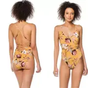 BCBGMAXAZRIA Gold Floral Crossback Open Side One Piece Swimsuit | 10