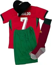 New Kids And Adult Soccer Jersey #7 Home Portugal Red Top + Shorts + Cap + Socks Kit (16 (2-3 Years))
