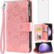 [Asuwish] Phone Case for Samsung Galaxy S23 FE 5G Wallet Cover with Tempered Glass Screen Protector and Flower Flip Credit Card Holder Stand Folio Cell Accessories S 23 EF S23FE 23S Women Men Rose Gold