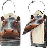 [FJWSLCH] Hippo Luggage Tag for Suitcases, 4 PCS Suitcase Tags, Identifiers Travel Bag Tags for Luggage Travel Tags, Baggage Tags, Leather Name ID Labels and Metal Loop for Women Men