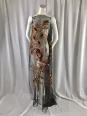 Red Peacock Feathers Embroider With Sequins On Black Mesh-dress-Sold By 2 Panels