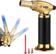 Kitchen Torch, Refillable Butane Torch Industrial Torch Adjustable Three Flames Blow Cooking Torch Lighter with Safety Lock for Desserts BBQ Soldering Baking DIY Crafts(Butane Gas Not Include) Gold