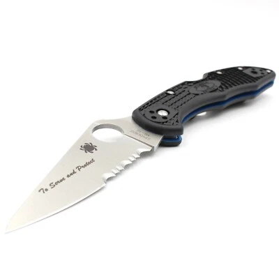 Spyderco Delica 4 -'Thin Blue Line''SpyderEdge' Combo Folding Knife -Black-Japan