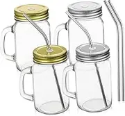 OKUMEYR 4 Pcs Glass Drinking Mugs with Ergonomic Handle and Straw Cups for Water Juice Milk Beverage Jars for Drinks Practical Present