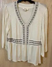 Nuture by Westbound Top Women's Embroidered Cream Rayon Blend Peasant 1X NWT