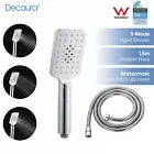 Square Hand Held Shower Head and 1.5m Flexible Shower Hose 3-Mode Spray Chrome