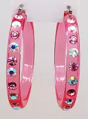 chunky boho pink Lucite Acrylic wide Hoop pink & ab Latch Back Fashion Earrings