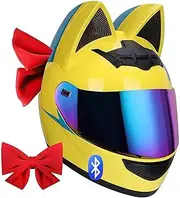 Cat Ear Motorcycle Bluetooth Helmet with Bow for Girl Women, DOT/ECE Certification Full Face Flip-Up Motorbike Helmet, Cool Cute Cat Racing Motocross Helmets