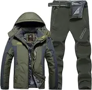 [ZSCAL] Men's 2 Pieces Snowboarding Snowsuits, Men's Winter Insulated Waterproof Keep Warm Jacket and with Belt Pants, for Work Outdoor Ski, Fishing Riding, Motorcycles (Color : B Dark Green, Size : 3X-Larg