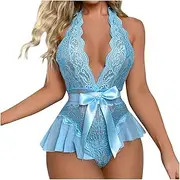 [LAWOR] Halter Lingerie for Womens Bowknot Front Deep V Neck Teddy Snap Crotch Negligee Plunge Floral Lace High Cut Body Suit