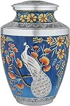 NM HANDISTRY Handpainted Decorative Cremation Urn with Peacock Design, Hand-Painted Blue Floral Pattern, Metal Adult Funeral Memorial