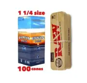 elements organic rice 1 1/4 size pre rolled cone+RAW king size metal caddy box