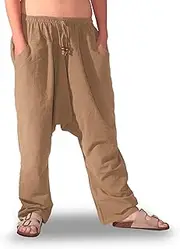 [Savari] Thai Harem Pants for Men and Women, with Pockets, No Cuffs, 100% Cotton, Elastic Waistband and Laces, One Size Fits All, Ideal for Taichi, Pregnancy, Yoga. Black