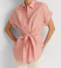 LAUREN Ralph Lauren Tie-Front Linen Shirt SIZE PXS P XS Extra Small Red & White