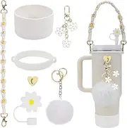 Stanley Cup Accessories Set - Silicone Boot, Charms, Reusable Accessories, Straw Cover, Pompom Ball, Daisy Key Chain, Heart Hook (White)
