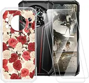 Rose Pattern Case Compatible with Doogee S119 + [2 Pack] Screen Protector Tempered Glass, Shockproof Case Cover for Doogee S119 (6.72 inch)