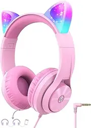 iClever Kids Headphones with Cat Ear Led Light Up, Safe Volume Limite Kids Wired Headphones with FunShare Foldable Over-Ear Headphones for Kids/School/iPad/Tablet/Travel, Meow Donut-Pink