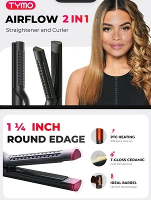 TYMO Airflow 2 In 1 Hair Curler And Straightener Styling Flat Iron Black HC506