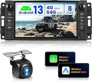 8 Core 4G+64G Car Radio for Jeep Wrangler Chrysler Dodge Ram 1500 with Wireless Carplay Android Auto, 7 Inch Android 13 Stereo Touch Screen with GPS/WiFi/DSP+ Backup Camera