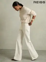Reiss Cream Priya Twill High Rise Flared Trousers (AD9428) | $310