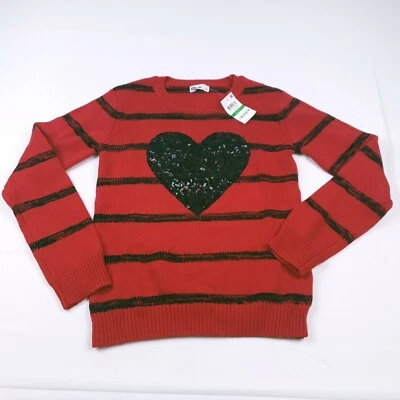 Epic Threads Kids Girls Large Red Black Stripe Pullover Sweater Sequin Heart