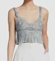 $1225 Stella McCartney Women's Blue Macrame Fringe Sweetheart Bra Top Size S