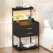 Advwin Bedside Table with Charging Station and LED Lights 2 Drawers and Open Storage Shelves Black