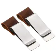 2pcs Stainless Steel Clip Carved Leather Notebook Pen Holder Loop Sleeve, Coffee