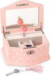 [Art Lins] Elle Ballerina Music Jewelry Box with Lock Small Wooden Case Pink Dot