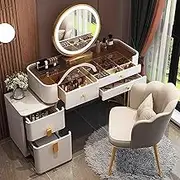 Vanity Desk with Mirror and Lights with Drawers and Vanity with Chair，Vanity with Glass Top and Lockers，Suitable for Bedroom Girls Ladies(White)