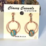 Gregorian Copper & Turquoise Post Dangle Double Hoop Earrings 1.25" Made In USA
