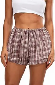 [ThreeH] Womens Boxer Shorts Work Out Bloomer Casual Beach Bottoms Elastic Waist Plaid Puffy Mini Pants with Shorts
