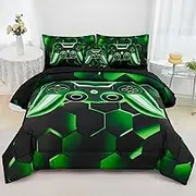 URBONUR Gaming Comforter Set Full Size 6Pcs Teen Boy Comforter Sets with Sheets, Super Soft Lightweight All Season Bedding Down Quilt Kids Blanket (Black Green, Full)