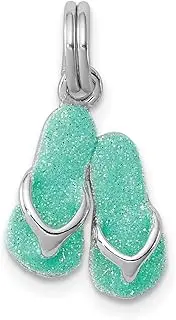 [JewelryWeb] 925 Sterling Silver Solid Polished Glitter enamel Green-Enamel Flip Flops Charm Pendant Necklace 14x10mm Wide