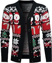 [Dancer queen] Ugly Christmas Sweater for Men,Long Sleeve Button-Up Holiday Cardigan,Polyester Knit Pullover Gifts for Christmas