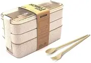 STR-Eco-Friendly Compact Bento Lunch Box Set with Spoon, 3-in-1 Compartment Stackable Meal Prep Containers for Kids & Adults, Wheat Straw, Leakproof (Rice)