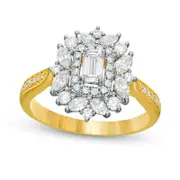 1.0 CT. T. W. Emerald-Cut Natural Diamond Flower Frame Engagement Ring in Solid 14K Gold