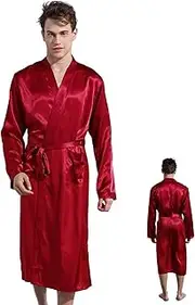 [Comebachome] Men's Robe, Loose Satin Cardigan Bathrobe with Waist Tie & Pockets, Knee Length Sleep Robe for Men Home Hotel (L, 175-180CM) Purple Red