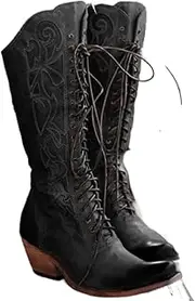 [FARZAH] Women Block Chunky Heel Cowgirl Cowboy Western Knee High Boots Lace Up Riding Retro Snip Toe Mid Calf Boots (Color : Black, Size : 4)