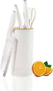 Kitchen Knife Set, XICEN 5PCS Stainless Steel Knife Set with Block, High Carbon White Kitchen Knife Set with Ergonomic Handle for Chopping Slicing Dicing Cutting Paring (White) (5 PCS)